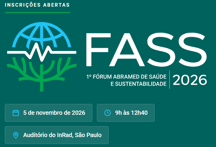 Abramed promove 1º Fórum de Saúde e Sustentabilidade e lança Caderno ESG Banner do 1º Fórum Abramed de Saúde e Sustentabilidade 2026, que será realizado em 5 de novembro, em São Paulo.