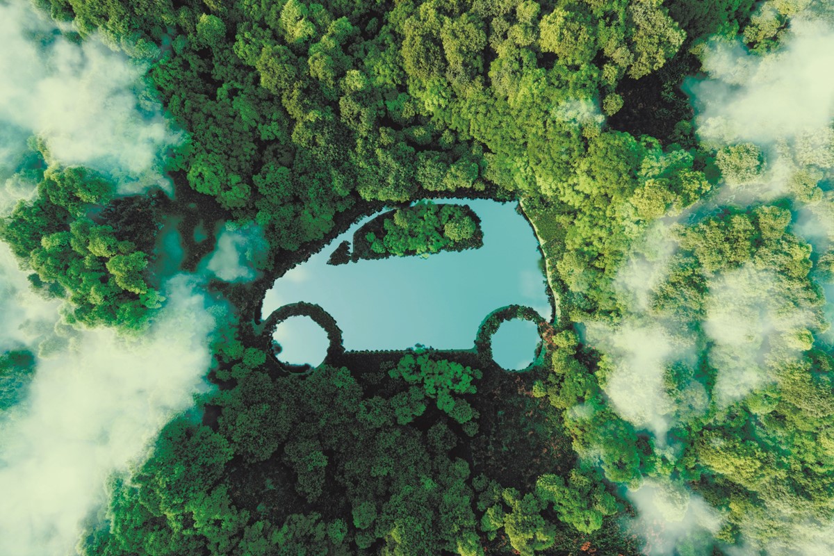ONU oferece curso gratuito com certificado sobre mobilidade urbana sustentável e segurança viária Vista aérea de uma floresta com um carro formado por espaços entre as árvores, simbolizando a mobilidade urbana sustentável.